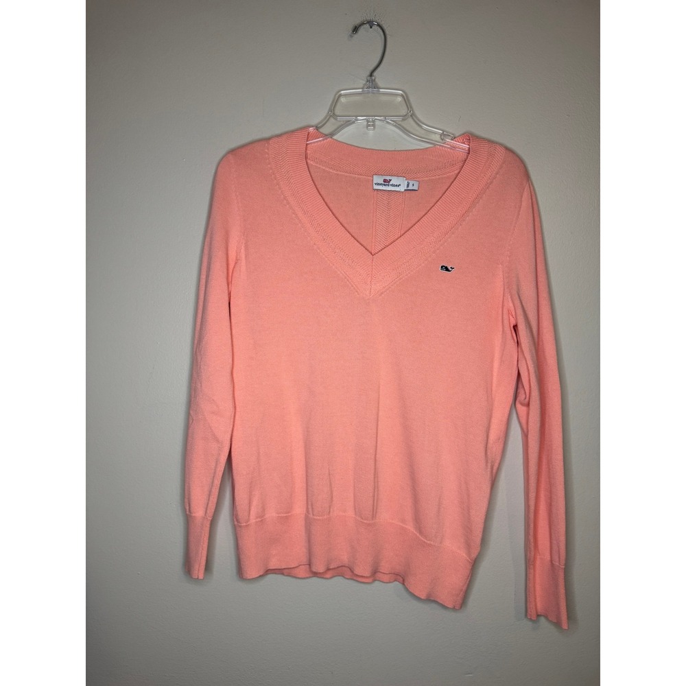 Vineyard Vines Womens V-Neck Cotton Sweater Coral Pink Whale Logo Size S